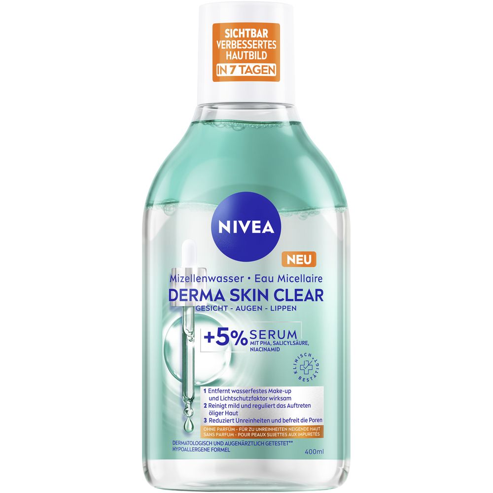 NIVEA DERMA SKIN CLEAR Mizellenwasser mit 5% Serum, PHA, Salicylsäure & Niacinamid. Transparente Flüssigkeit in einer Flasche mit blauem Etikett.