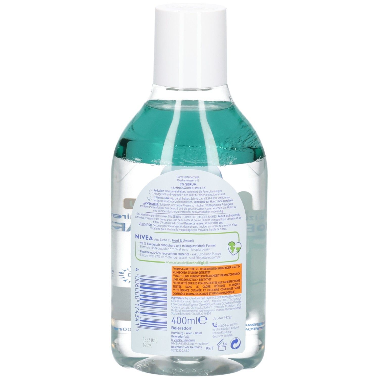 Rückseite der Flasche mit blauer Flüssigkeit. NIVEA-Logo und Produktinformationen. Text: 400ml. Recycling-Symbol.