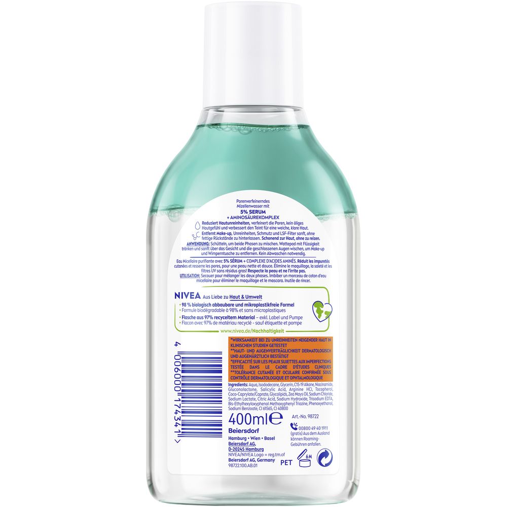 Rückseite der NIVEA DERMA SKIN CLEAR Mizellenwasser Flasche mit Produktinformationen und Inhaltsstoffen. 400ml.