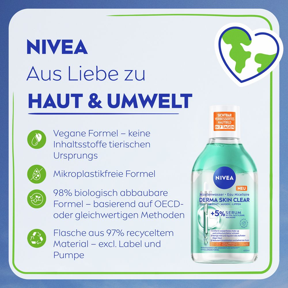 NIVEA Logo und Text 'Aus Liebe zu Haut & Umwelt'. Links: Icons für vegane Formel, Mikroplastikfrei, biologisch abbaubar, recycelte Flasche.