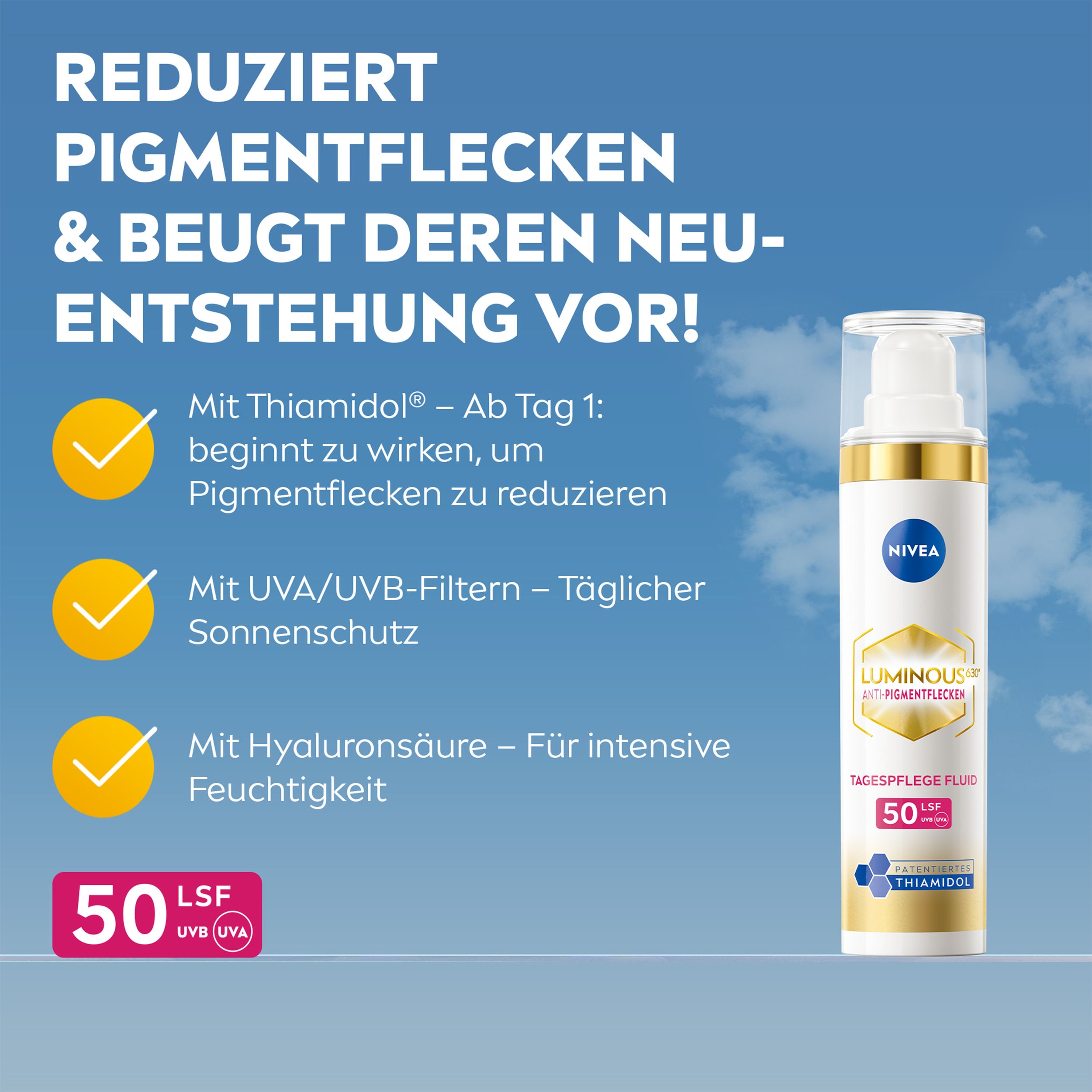 Produktflasche mit Text: Reduziert Pigmentflecken & beugt deren Neuentstehung vor!