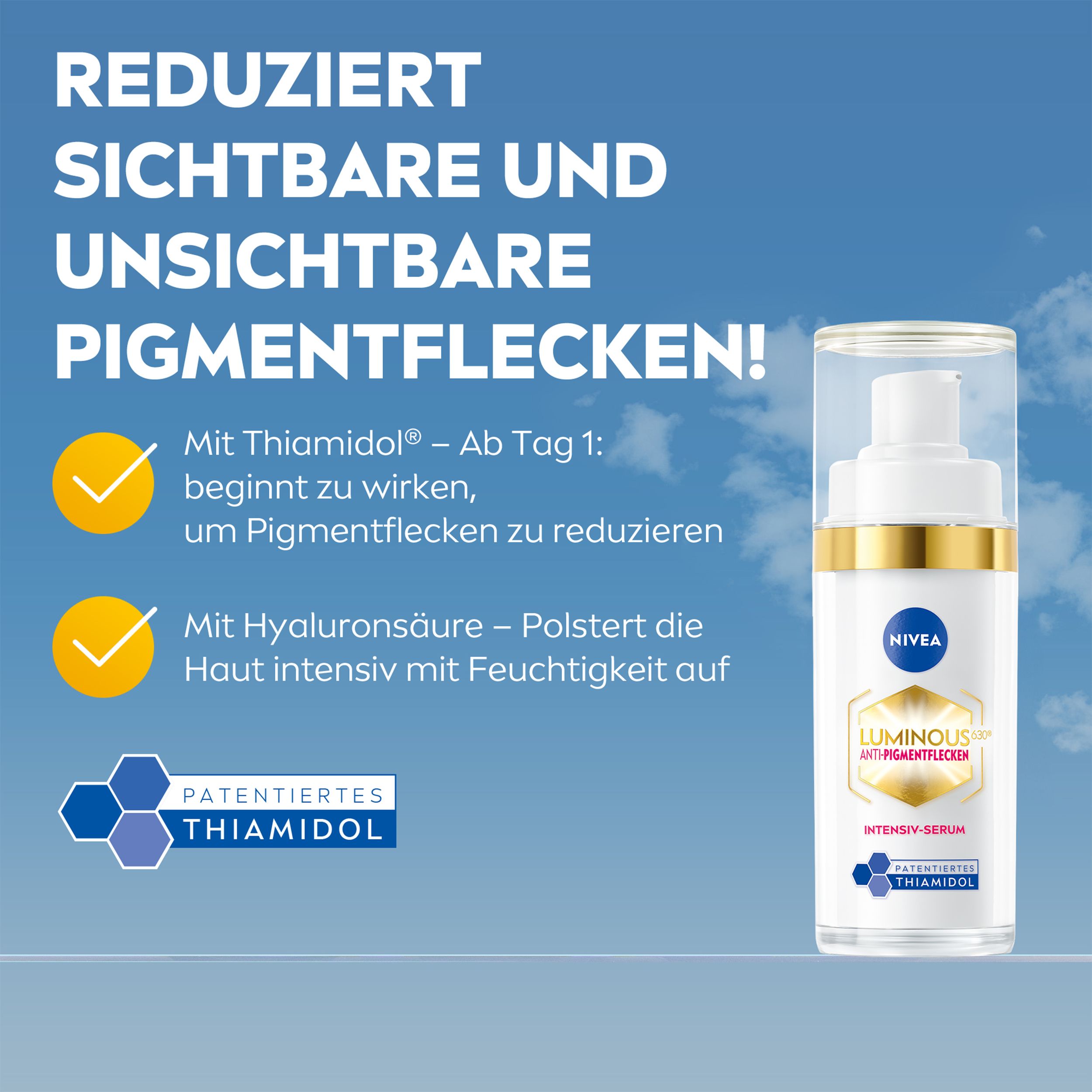Produktflasche mit Text: Reduziert sichtbare und unsichtbare Pigmentflecken!
