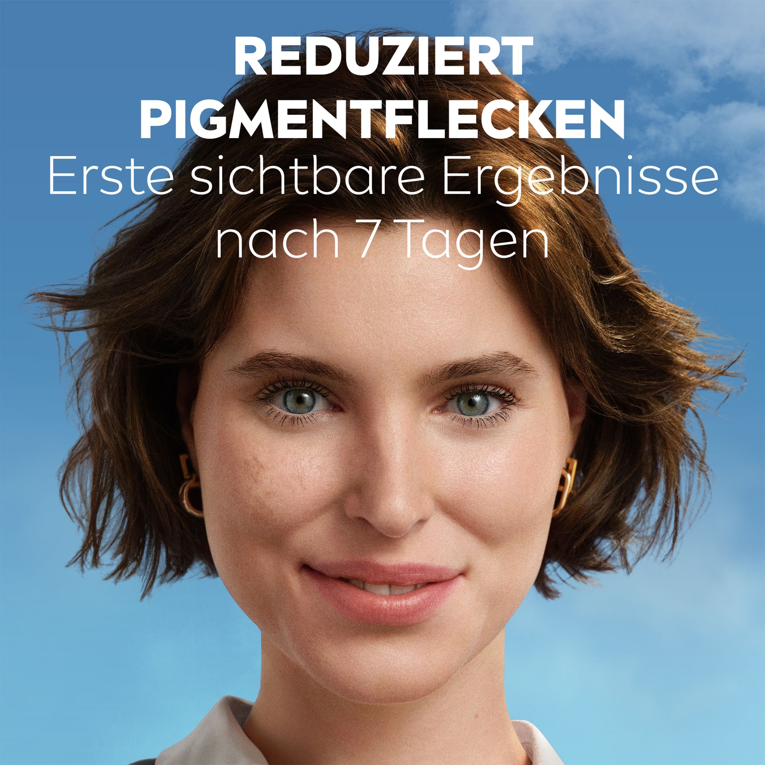 Frau mit Hautunreinheiten. Text: Erste sichtbare Ergebnisse nach 7 Tagen.