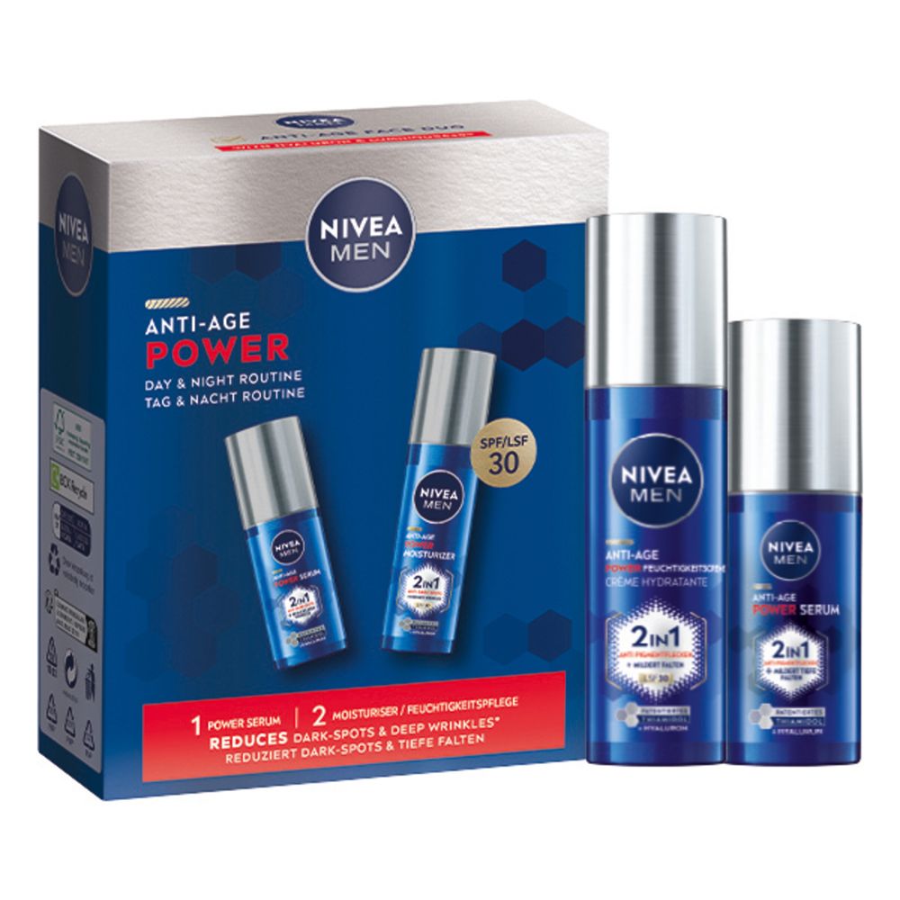 NIVEA MEN Anti-Age Power Set. Enthält Serum und Feuchtigkeitspflege. Blaue Flaschen in einer Geschenkbox. Tag & Nacht Routine.