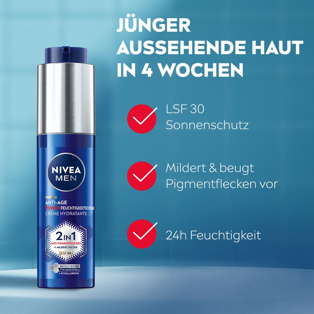 Blaue Flasche NIVEA MEN Anti-Age Feuchtigkeitspflege. Text: LSF 30, mildert Pigmentflecken, 24h Feuchtigkeit.