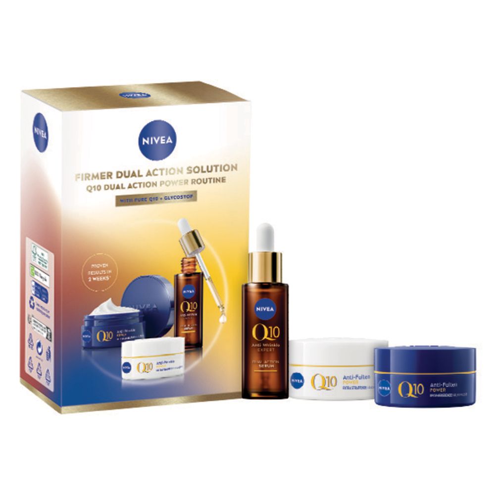 Geschenkset mit NIVEA Q10 Produkten. Enthält Serum, Tages- und Nachtpflege. Verpackung mit Produktabbildungen.
