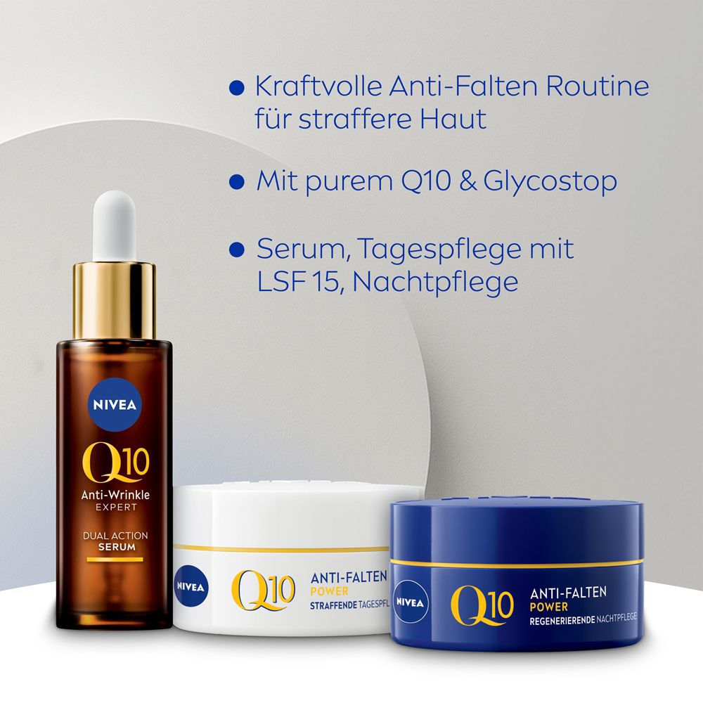 Nahaufnahme von Serum, Tages- und Nachtpflege. Produkte mit Q10-Logo. Text: Anti-Falten, Serum, LSF 15.