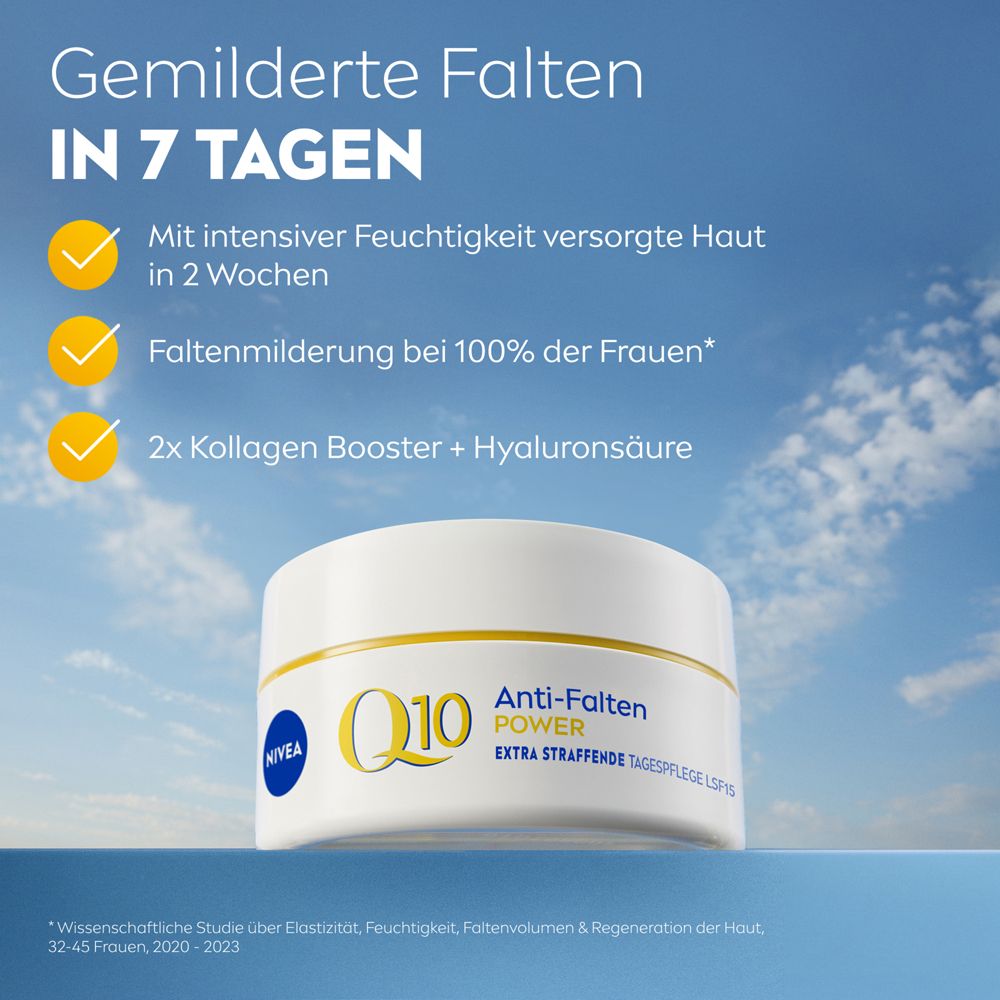 Tagespflege-Creme mit Q10. Text: Anti-Falten Power, Extra straffende Tagespflege LSF15. Hintergrund: Himmel.