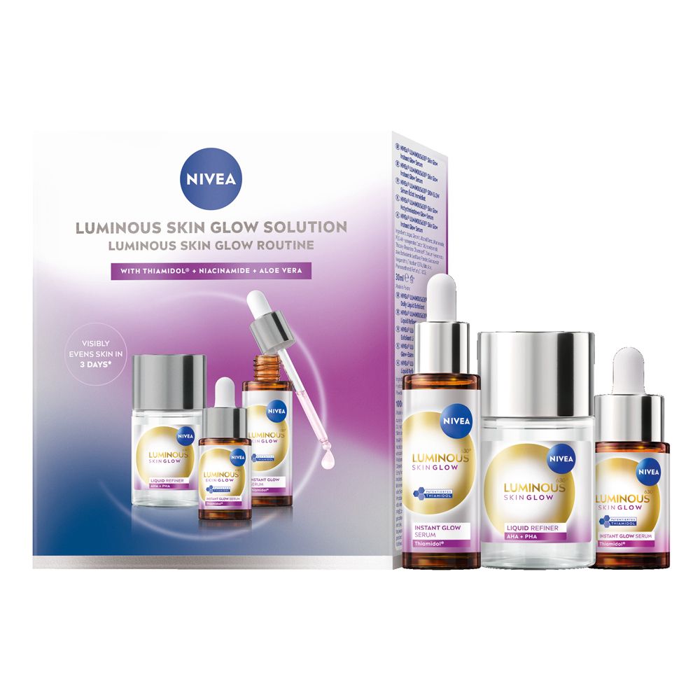NIVEA-Produktpackung. Enthält Serum und Liquid Refiner. Mit Thiamidol, Niacinamid und Aloe Vera. Sichtbare Ergebnisse in 3 Tagen.