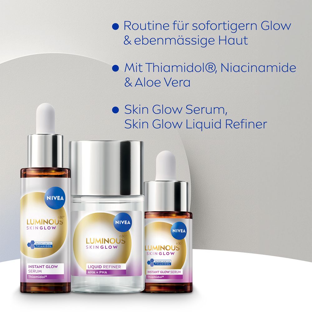 Drei Produkte: Skin Glow Serum, Skin Glow Liquid Refiner. Mit Thiamidol, Niacinamid und Aloe Vera. Für sofortigen Glow.