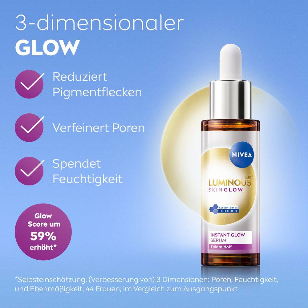 Instant Glow Serum. Reduziert Pigmentflecken, verfeinert Poren, spendet Feuchtigkeit. Glow Score um 59% erhöht.