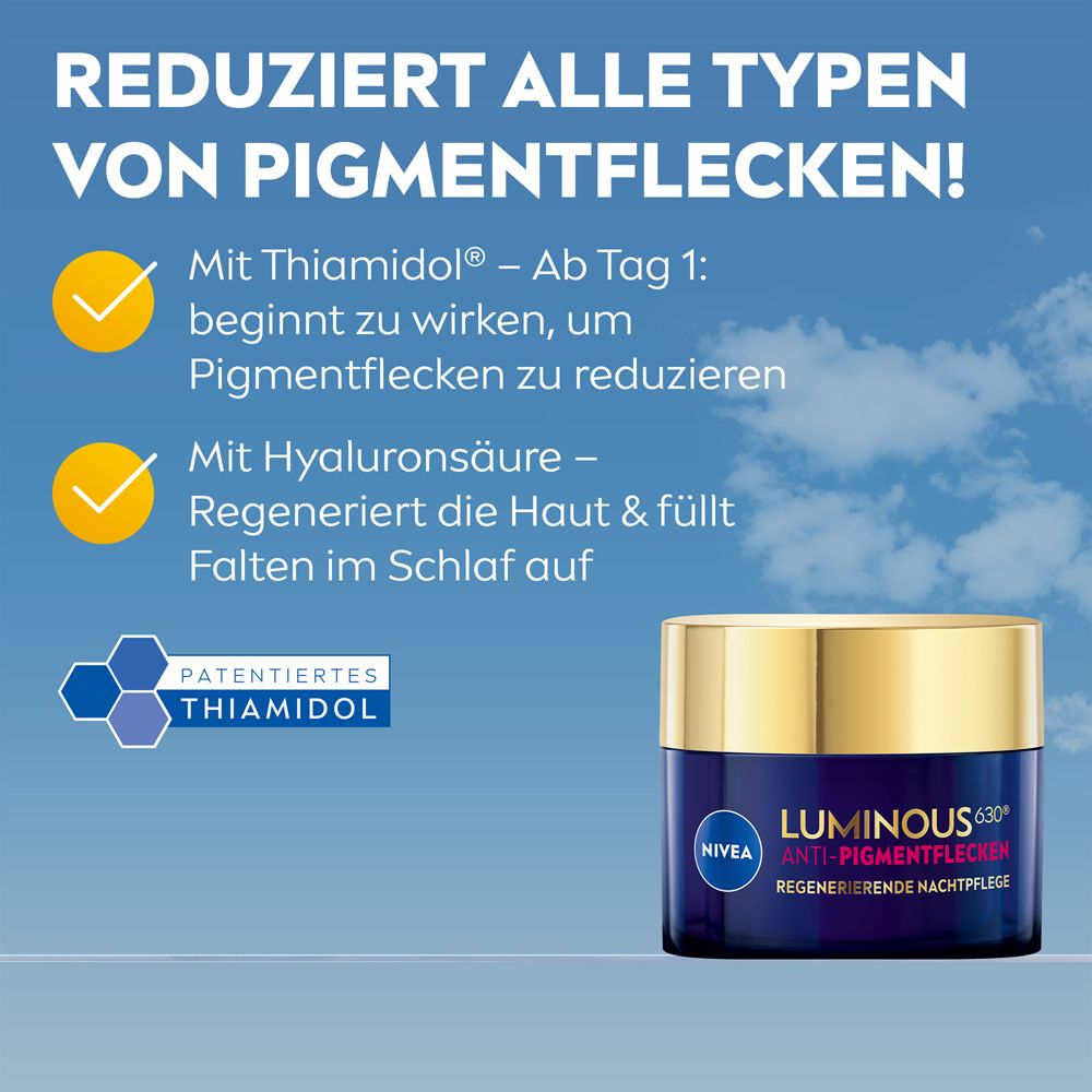 NIVEA LUMINOUS630® Nachtpflege. Blauer Tiegel mit goldenem Deckel. Text: Anti-Pigmentflecken, regenerierend.