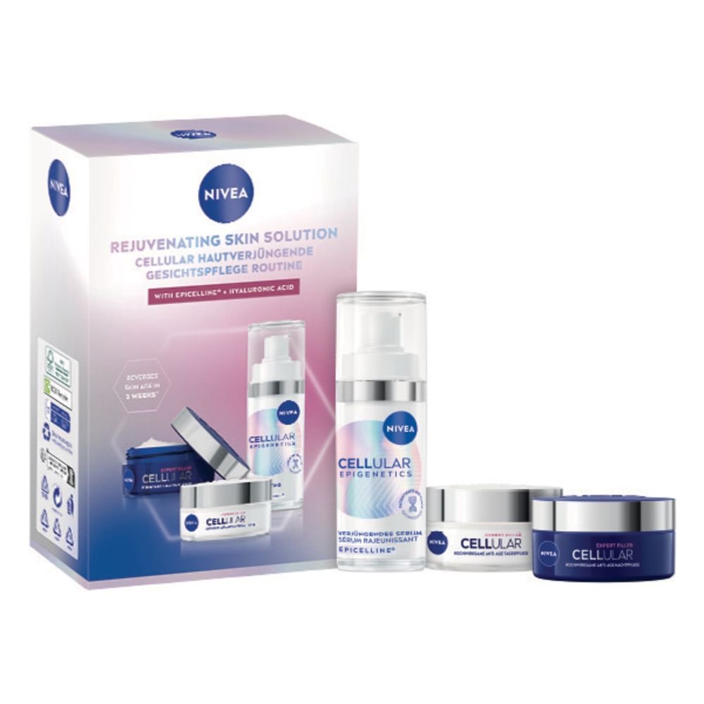 Geschenkset mit NIVEA-Produkten. Enthält Serum, Tages- und Nachtpflege. Verpackung mit Produktabbildungen und Logo.