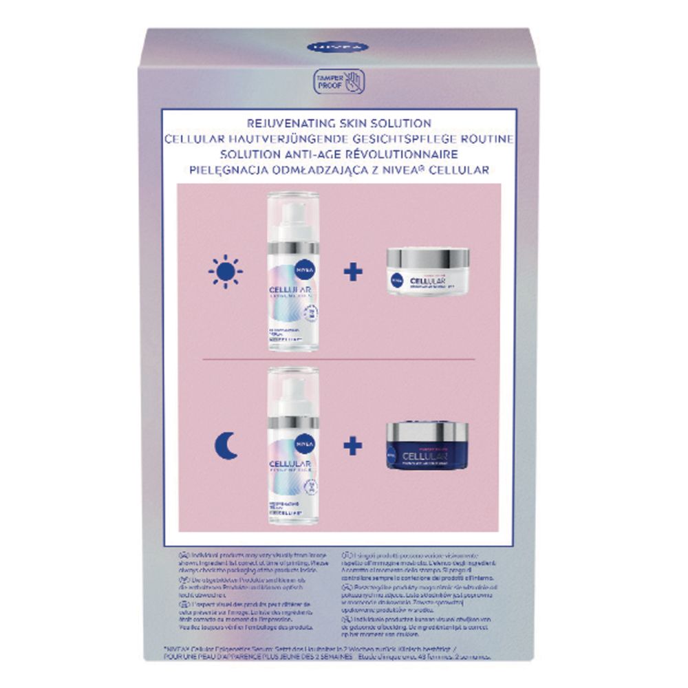 Rückseite der Geschenkbox. Zeigt Produktabbildungen und Text in verschiedenen Sprachen. Mit Sonnen- und Mondsymbolen.