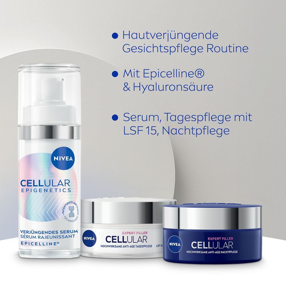 Drei NIVEA-Produkte: Serum, Tagespflege mit LSF 15 und Nachtpflege. Produkte sind weiß und blau. Text auf den Produkten.