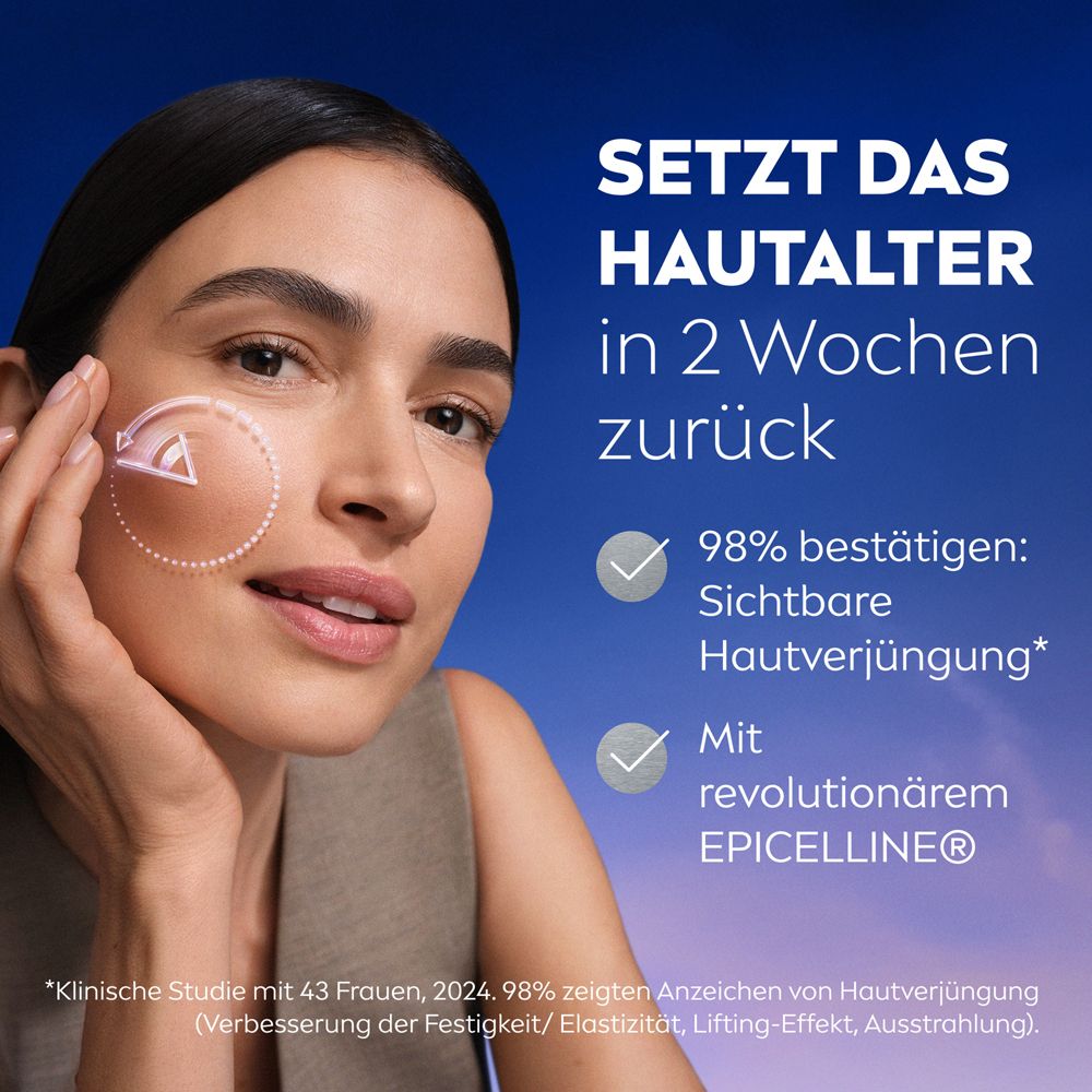 Frau mit Gesicht. Text: Hautalter in 2 Wochen zurück. 98% bestätigen sichtbare Hautverjüngung.