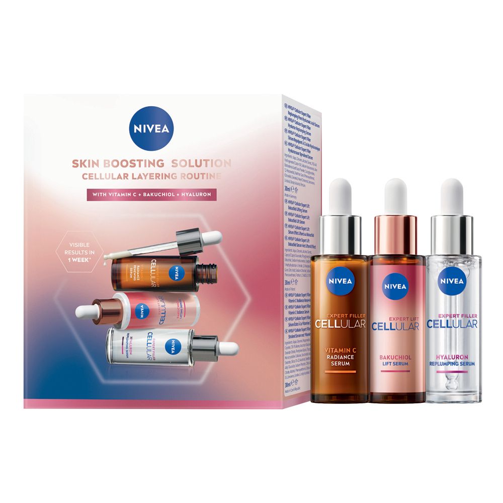 NIVEA CELLULAR Serum Layering Routine Set. Box with three serum bottles and droppers. Visible text: NIVEA, CELLULAR.