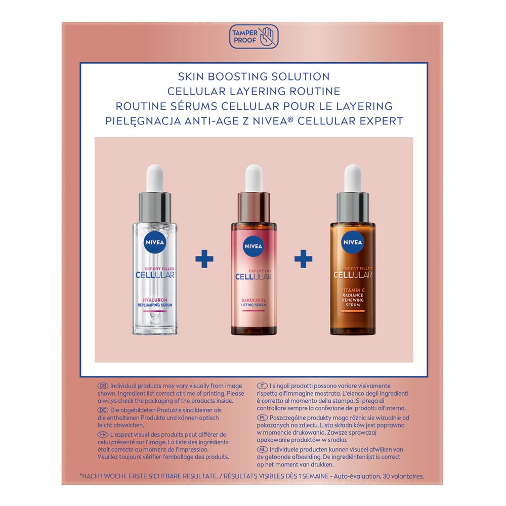 Rückseite der Verpackung. Drei Serumflaschen mit Pluszeichen. Text: CELLULAR Layering Routine, NIVEA CELLULAR EXPERT.