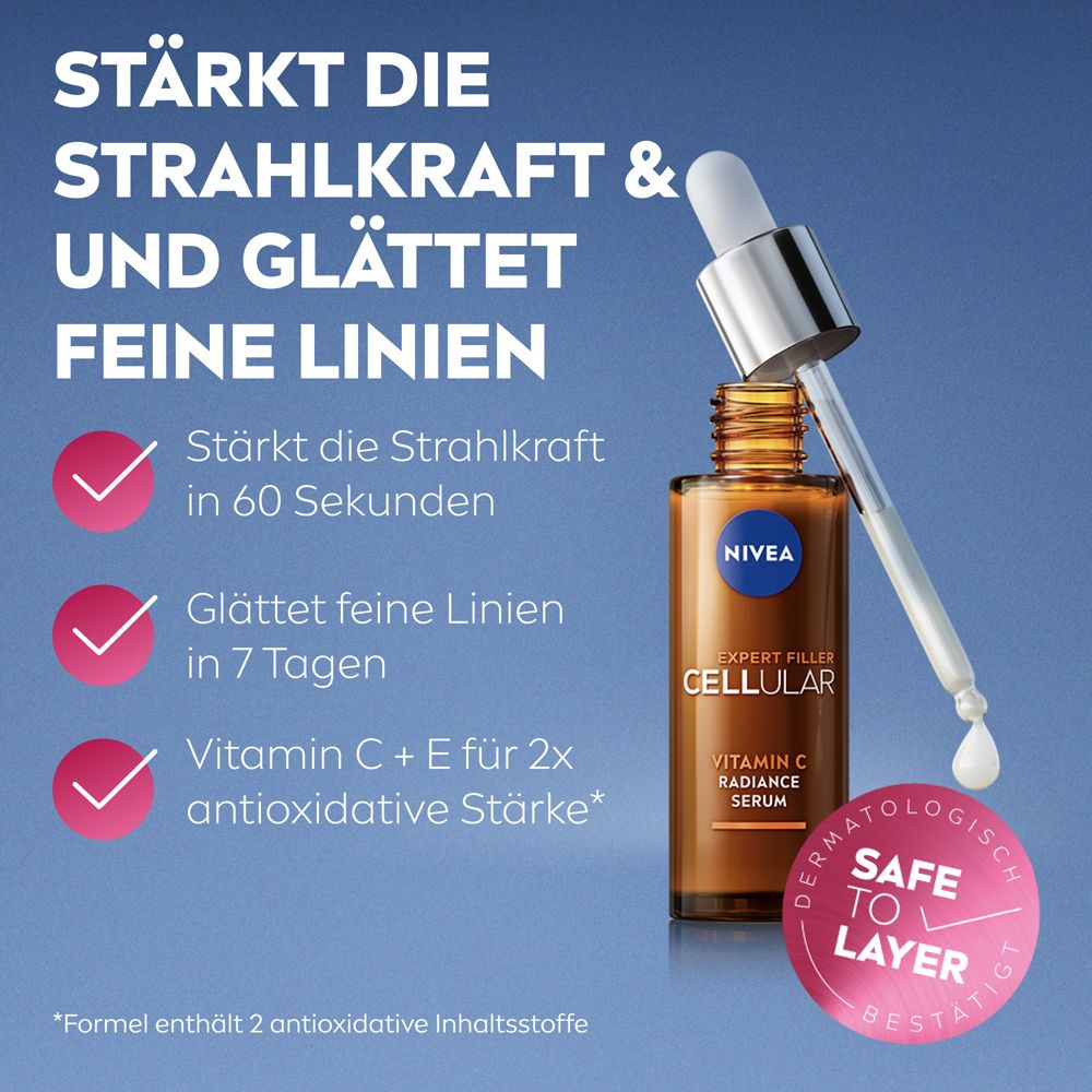 Braune Serumflasche mit Pipette. Text: EXPERT FILLER CELLULAR, Vitamin C Radiance Serum, Dermatologisch bestätigt.