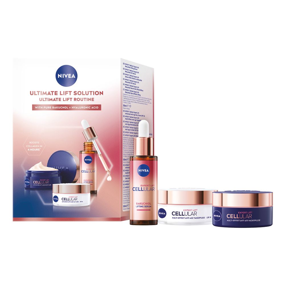 Geschenkset mit NIVEA CELLULAR Expert Lift Produkten. Enthält Serum, Tages- und Nachtcreme. Blaue und weiße Verpackung.