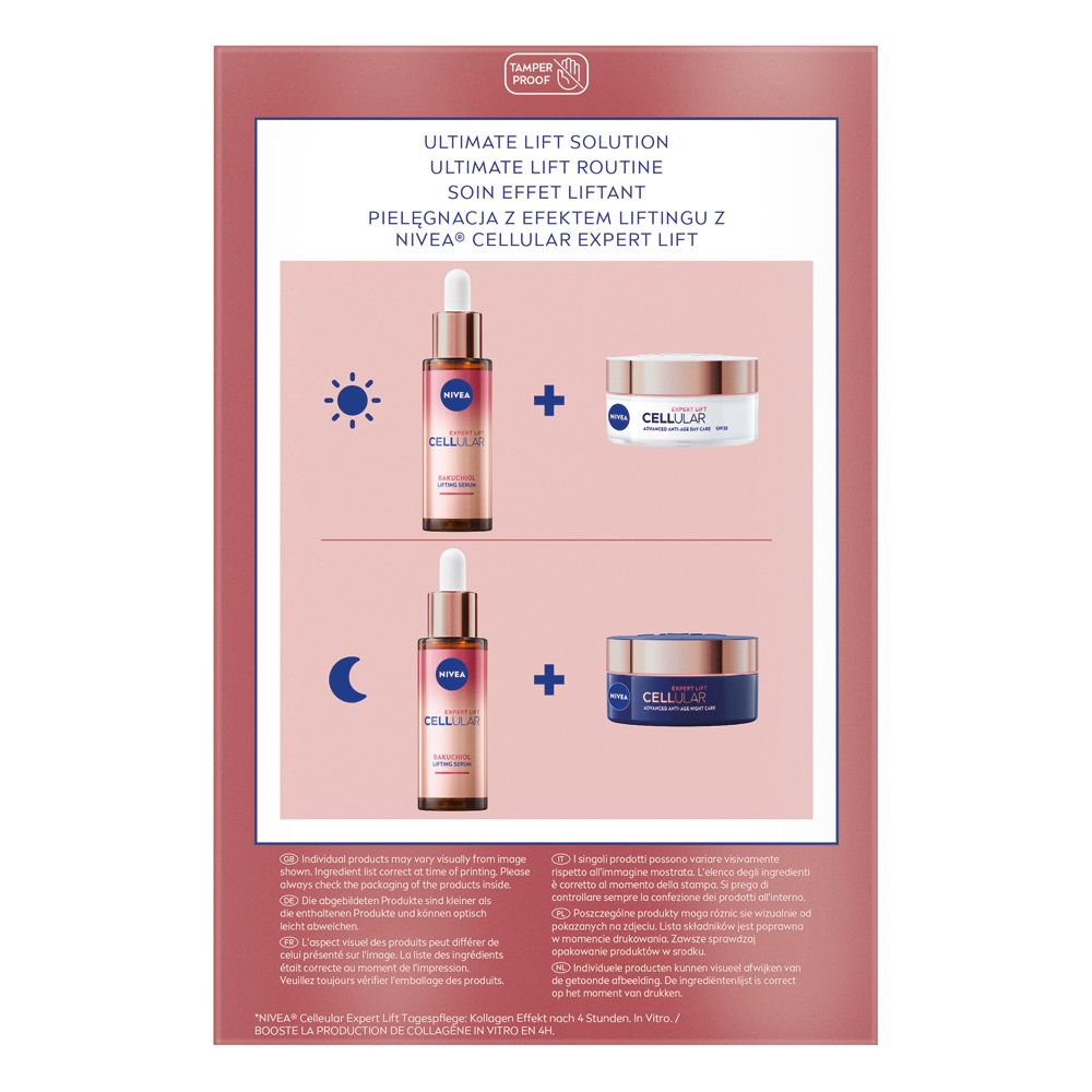 Rückseite der Geschenkbox. Zeigt die Anwendung von Serum und Creme. Text in Deutsch, Französisch, Italienisch, Niederländisch.