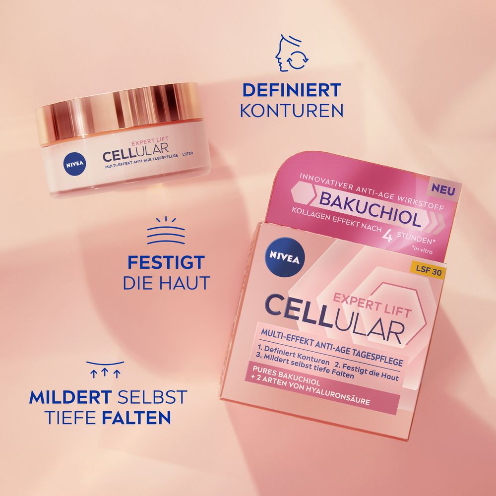 Tagescreme und Verpackung. Text: Definiert Konturen, festigt die Haut, mildert tiefe Falten. Rosa und weiße Verpackung.