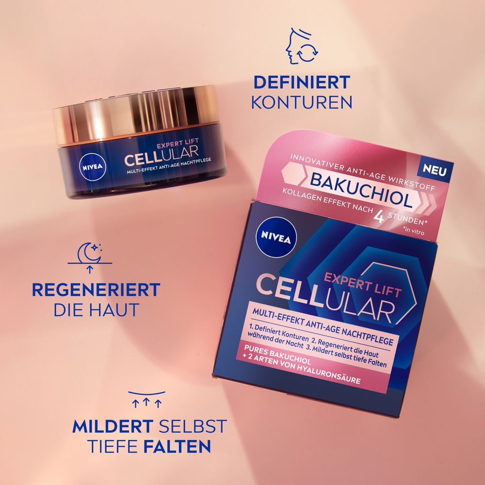 Nachtcreme und Verpackung. Text: Definiert Konturen, regeneriert die Haut, mildert tiefe Falten. Blaue und weiße Verpackung.