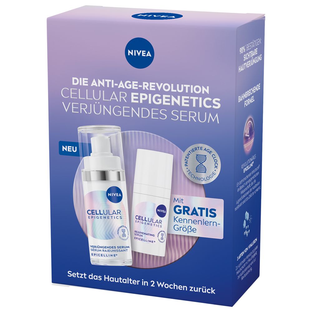 Geschenkset mit zwei NIVEA CELLULAR Epigenetics Seren. Verpackung mit Produktabbildung und Text.