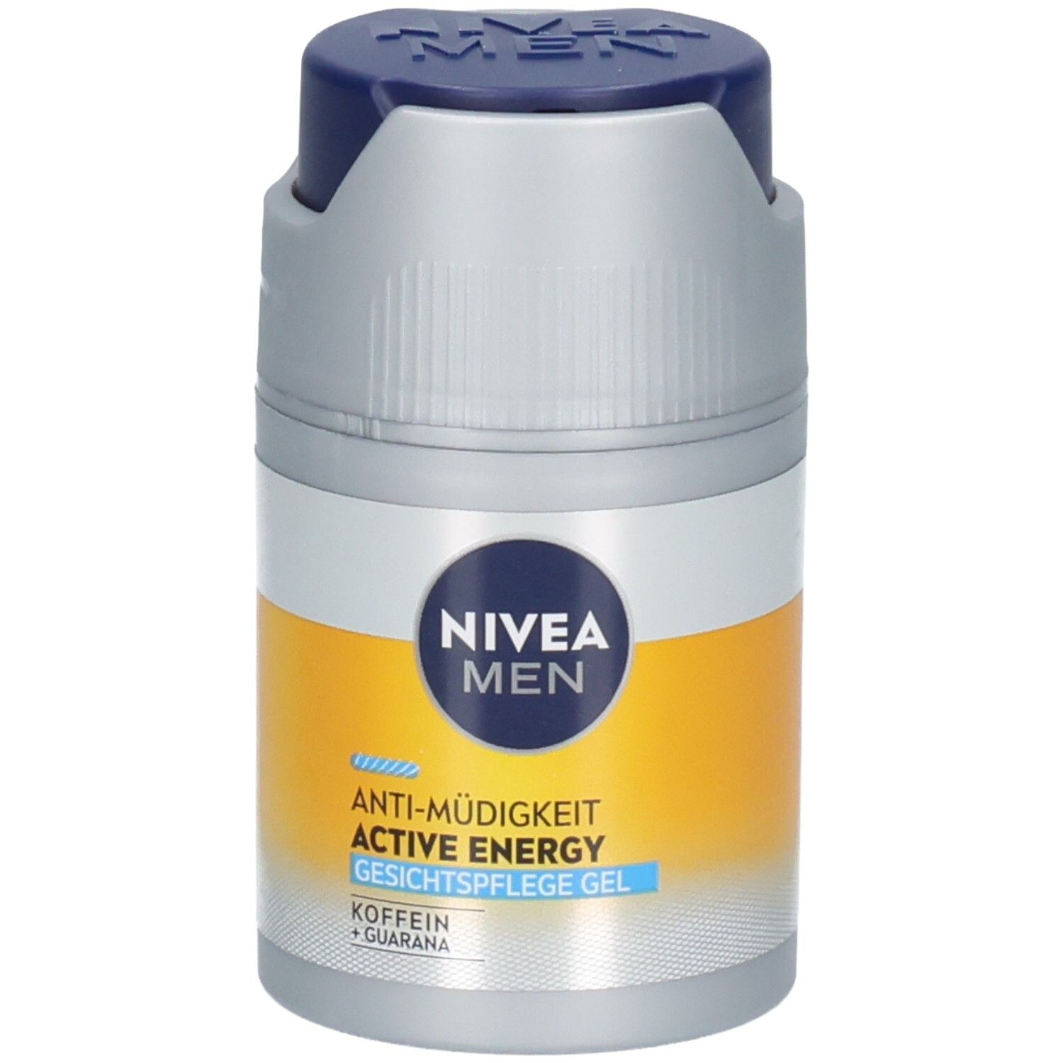 Zylindrische Flasche mit blauem Deckel. Aufschrift: NIVEA MEN, ACTIVE ENERGY Gesichtspflege Gel. Gelbe und silberne Elemente.
