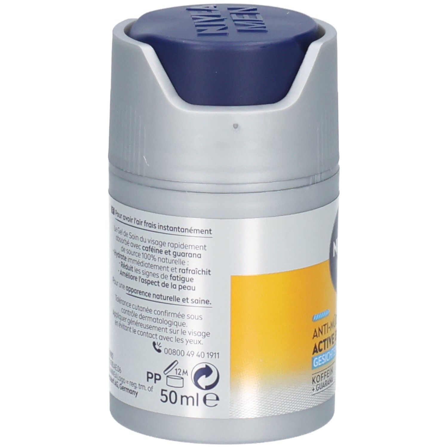 Rückseite der Flasche. Text: Gel für das Gesicht, mit Koffein und Guarana. 50ml. Logos und Kontaktinformationen.