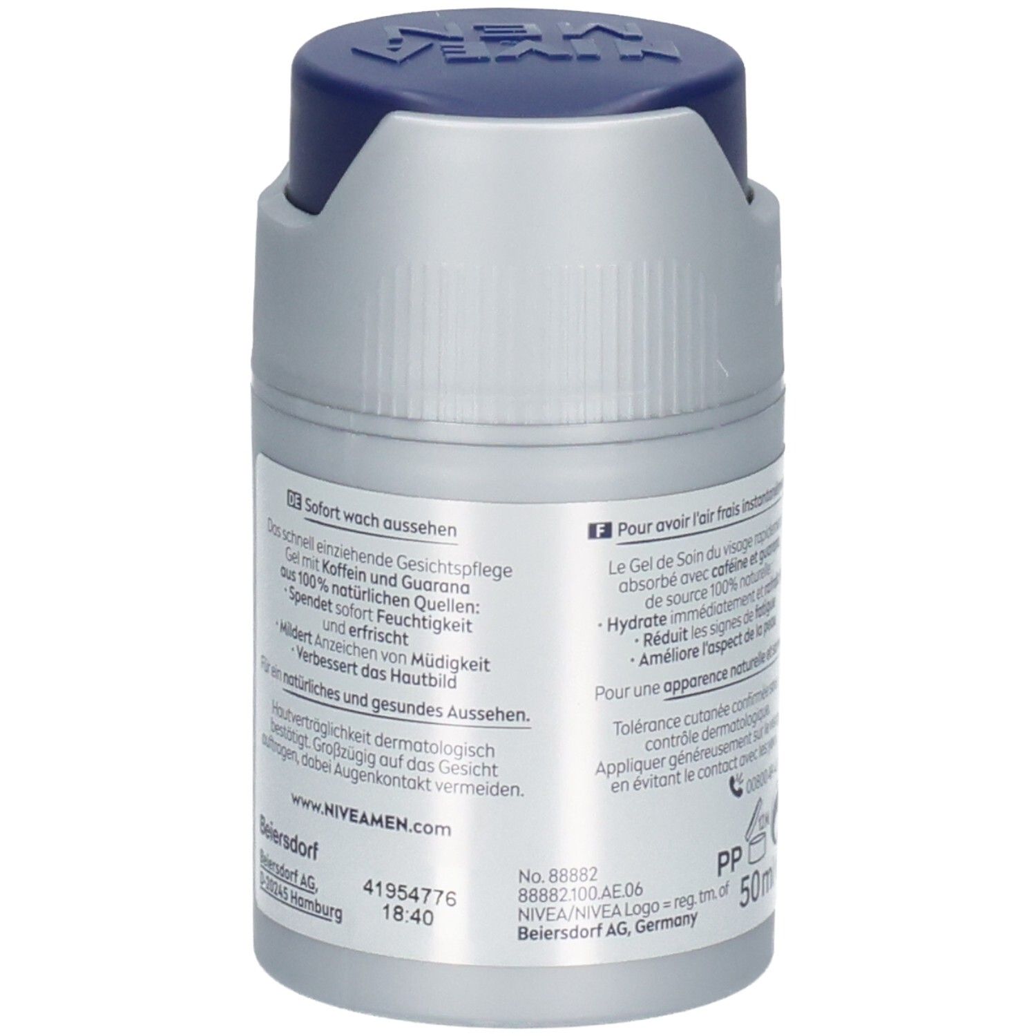 Rückseite der Flasche. Text: Gel für das Gesicht, mit Koffein und Guarana. 50ml. Logos und Kontaktinformationen.