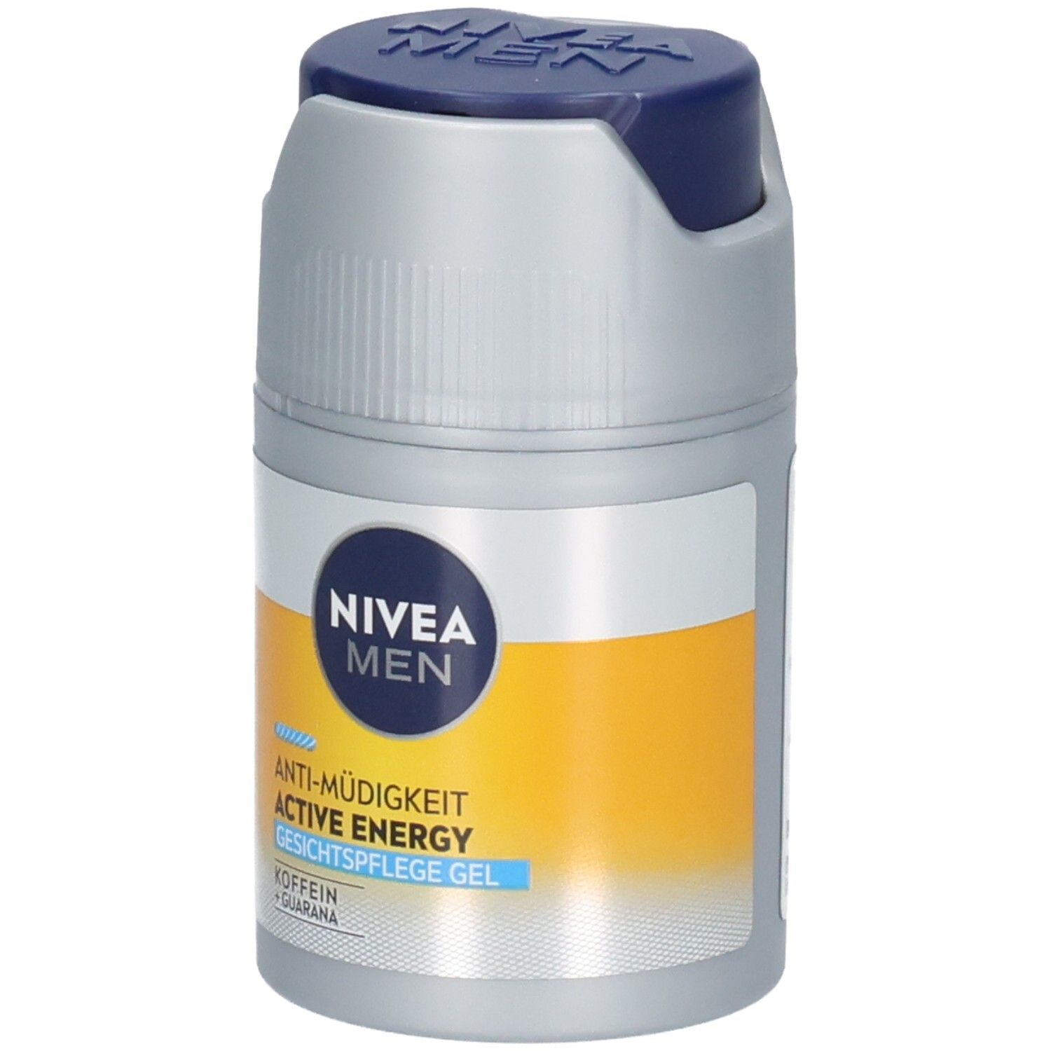 Zylindrische Flasche mit blauem Deckel. Aufschrift: NIVEA MEN, ACTIVE ENERGY Gesichtspflege Gel. Gelbe und silberne Elemente.