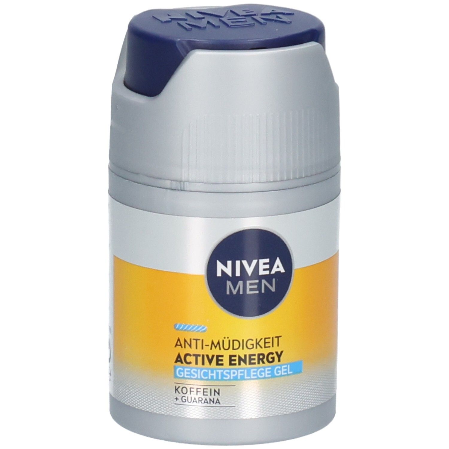Zylindrische Flasche mit blauem Deckel. Aufschrift: NIVEA MEN, ACTIVE ENERGY Gesichtspflege Gel. Gelbe und silberne Elemente.
