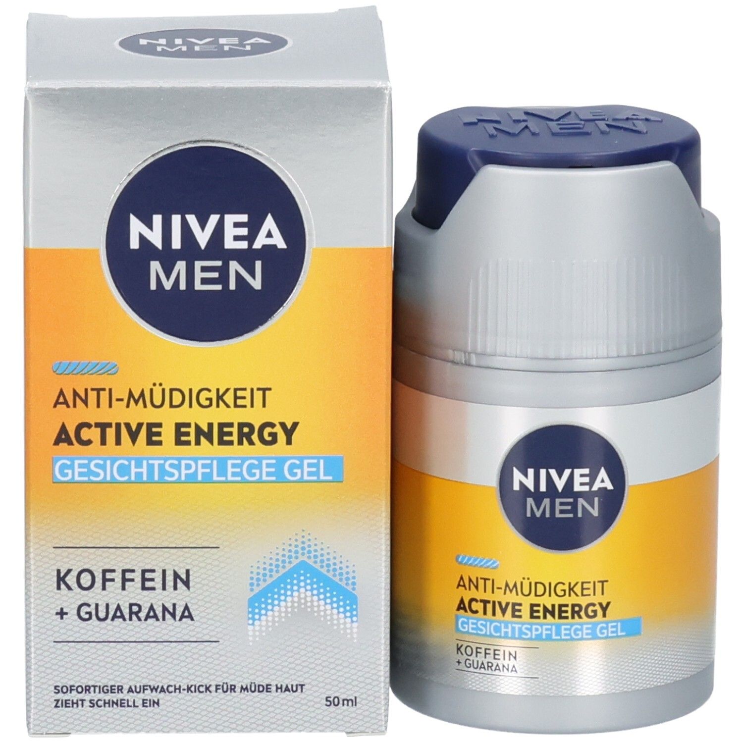 Produktverpackung und Flasche. Aufschrift: NIVEA MEN, ACTIVE ENERGY Gesichtspflege Gel. Gelbe und silberne Elemente. 50ml.