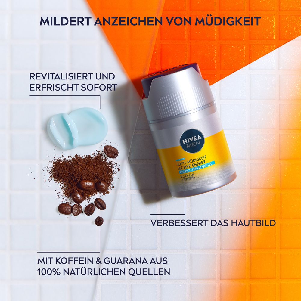 NIVEA MEN Active Energy Gel, Kaffeebohnen und eine Probe des Gels.