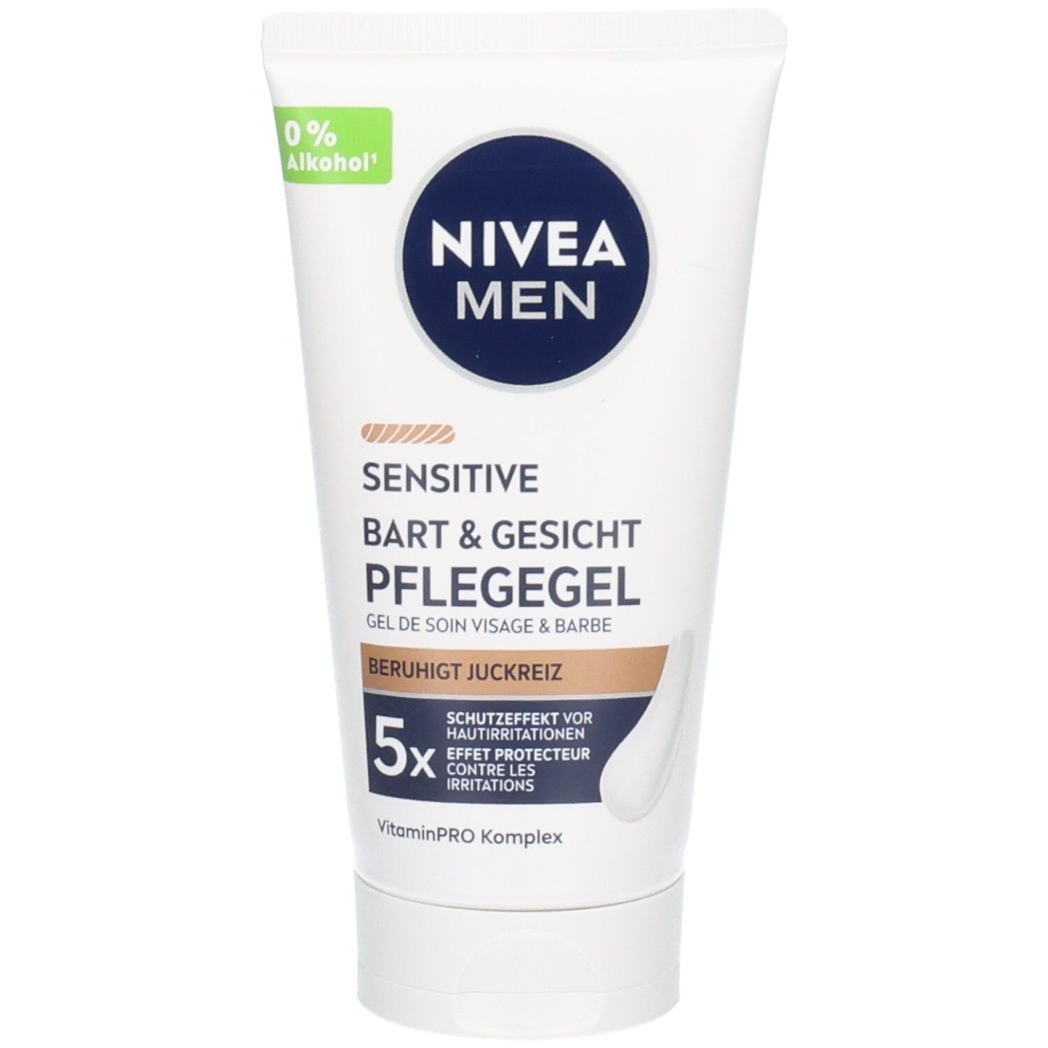 Weiße Tube mit NIVEA MEN Sensitive Bart- & Gesicht Pflegegel. Blaue Kreise mit Logo und Text. 0% Alkohol-Label. Beige Akzente.