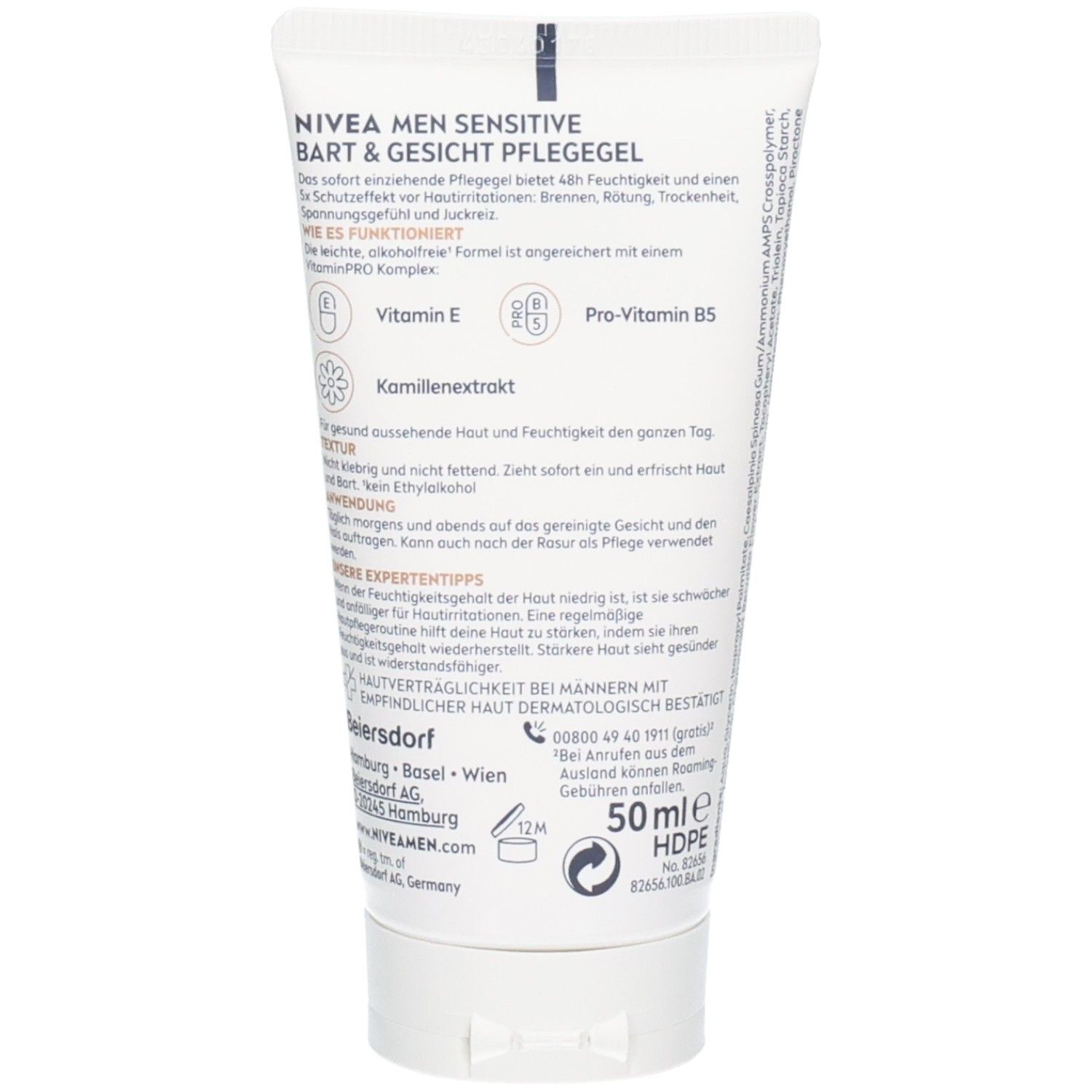 Rückseite der Tube NIVEA MEN Sensitive Bart- & Gesicht Pflegegel. Text in Deutsch. 50ml. Symbole für Inhaltsstoffe und Recycling.