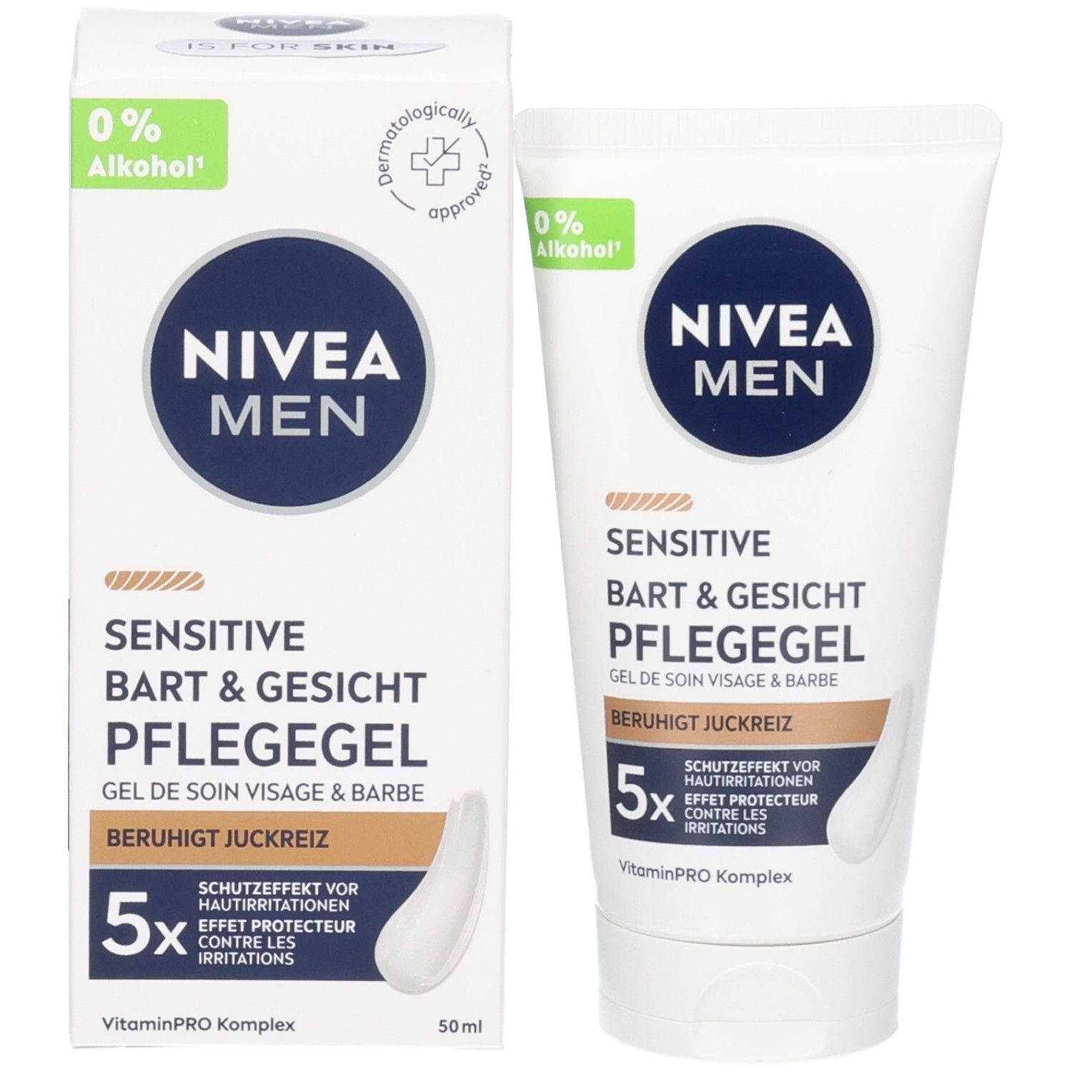 Produktverpackung: NIVEA MEN Sensitive Bart- & Gesicht Pflegegel und Karton. 0% Alkohol-Label. Dermatologisch getestet.