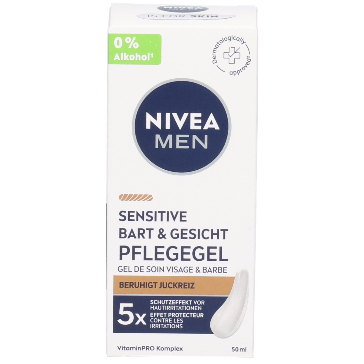Kartonverpackung NIVEA MEN Sensitive Bart- & Gesicht Pflegegel. 0% Alkohol-Label. Dermatologisch getestet. 50ml.