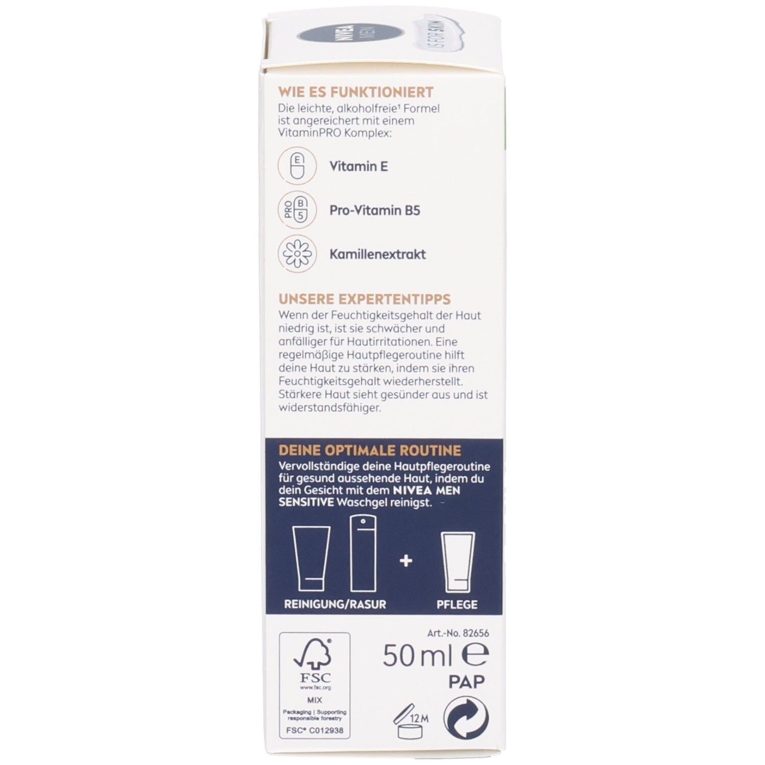 Rückseite der Kartonverpackung NIVEA MEN Sensitive Bart- & Gesicht Pflegegel. Text, Symbole, 50ml. FSC-Logo.