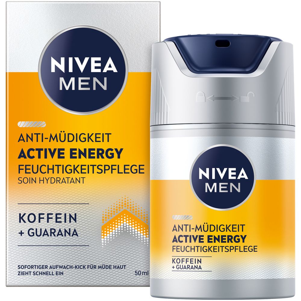 NIVEA MEN Active Energy Feuchtigkeitspflege mit Koffein und Guarana in silberner und gelber Verpackung.