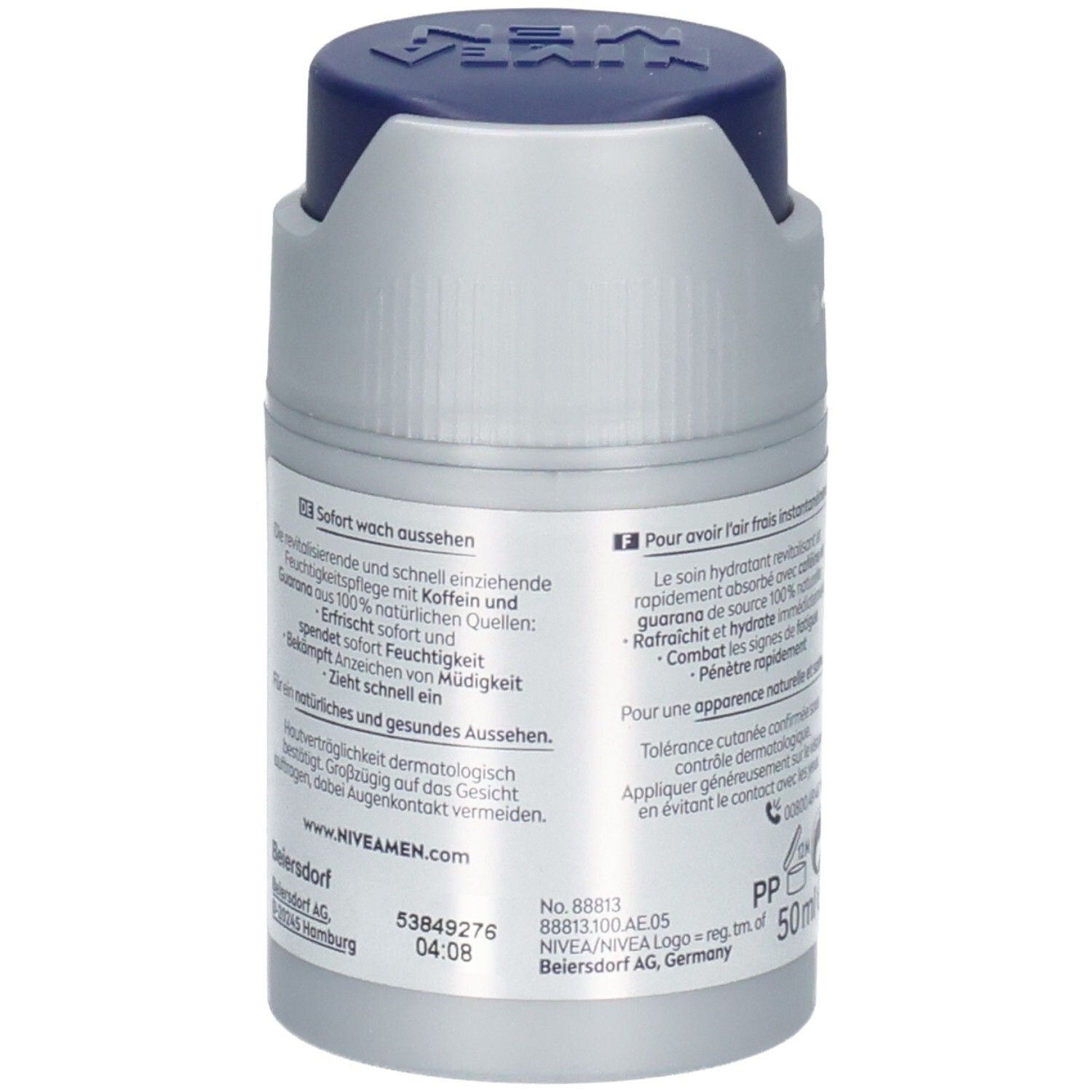 Rückseite der Flasche. Text in Deutsch und Französisch. Enthält Informationen und Kontakt.