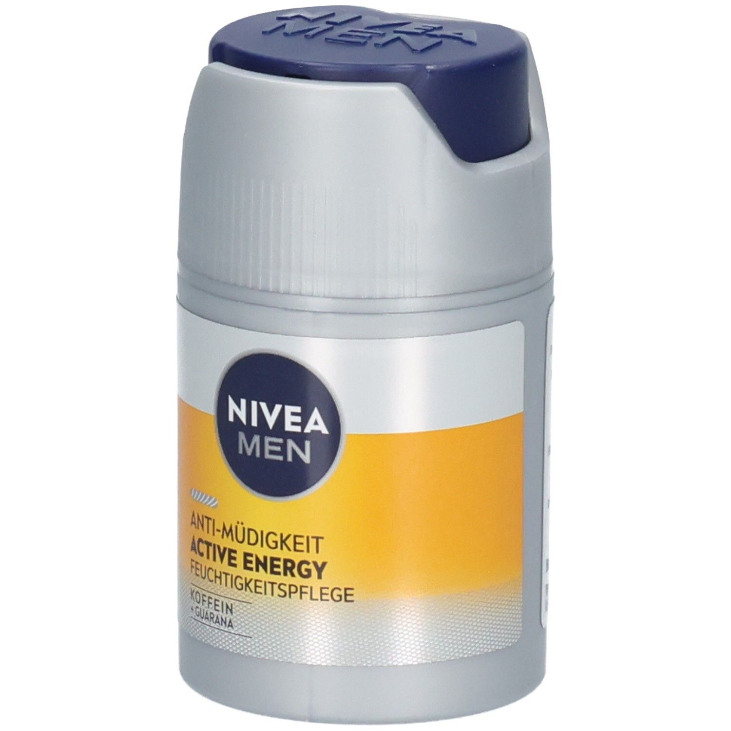 Grau-blaue Flasche mit NIVEA MEN-Logo und Produktbezeichnung. Gelber Streifen mit Text. Blauer Deckel.