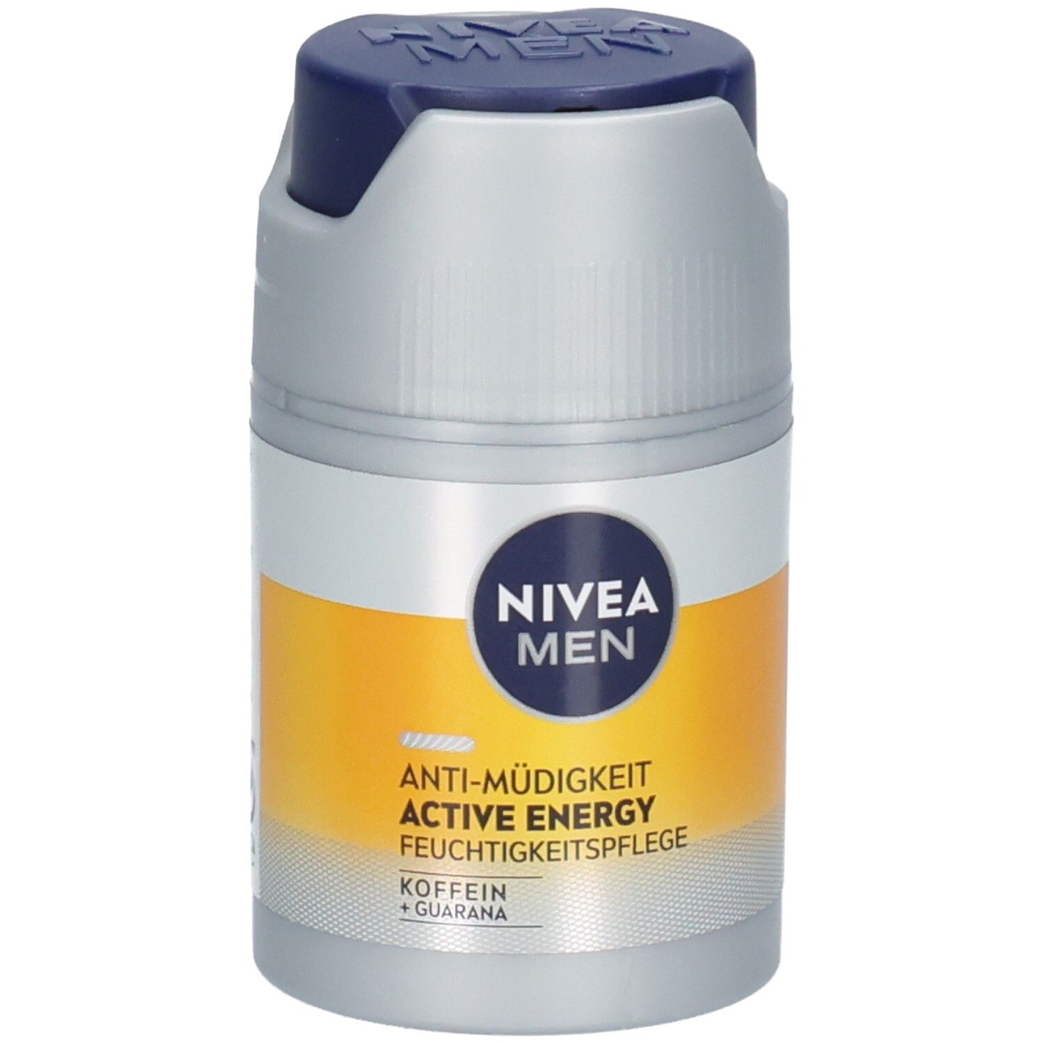 Grau-blaue Flasche mit NIVEA MEN-Logo und Produktbezeichnung. Gelber Streifen mit Text. Blauer Deckel.