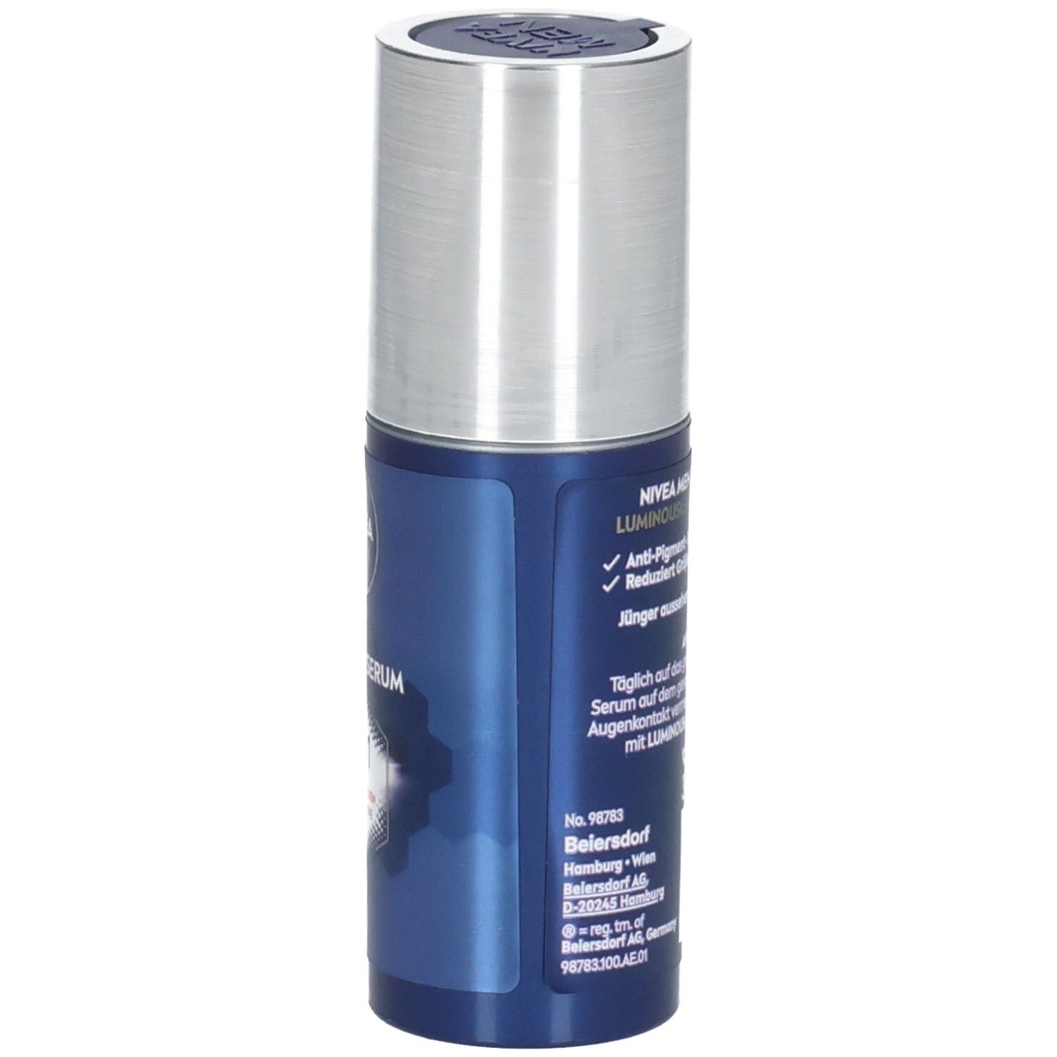 Blau-silberne Flasche NIVEA MEN Anti-Age Power Serum. Text mit Anti-Pigmentflecken, Reduzierung von Falten. Silberner Deckel.