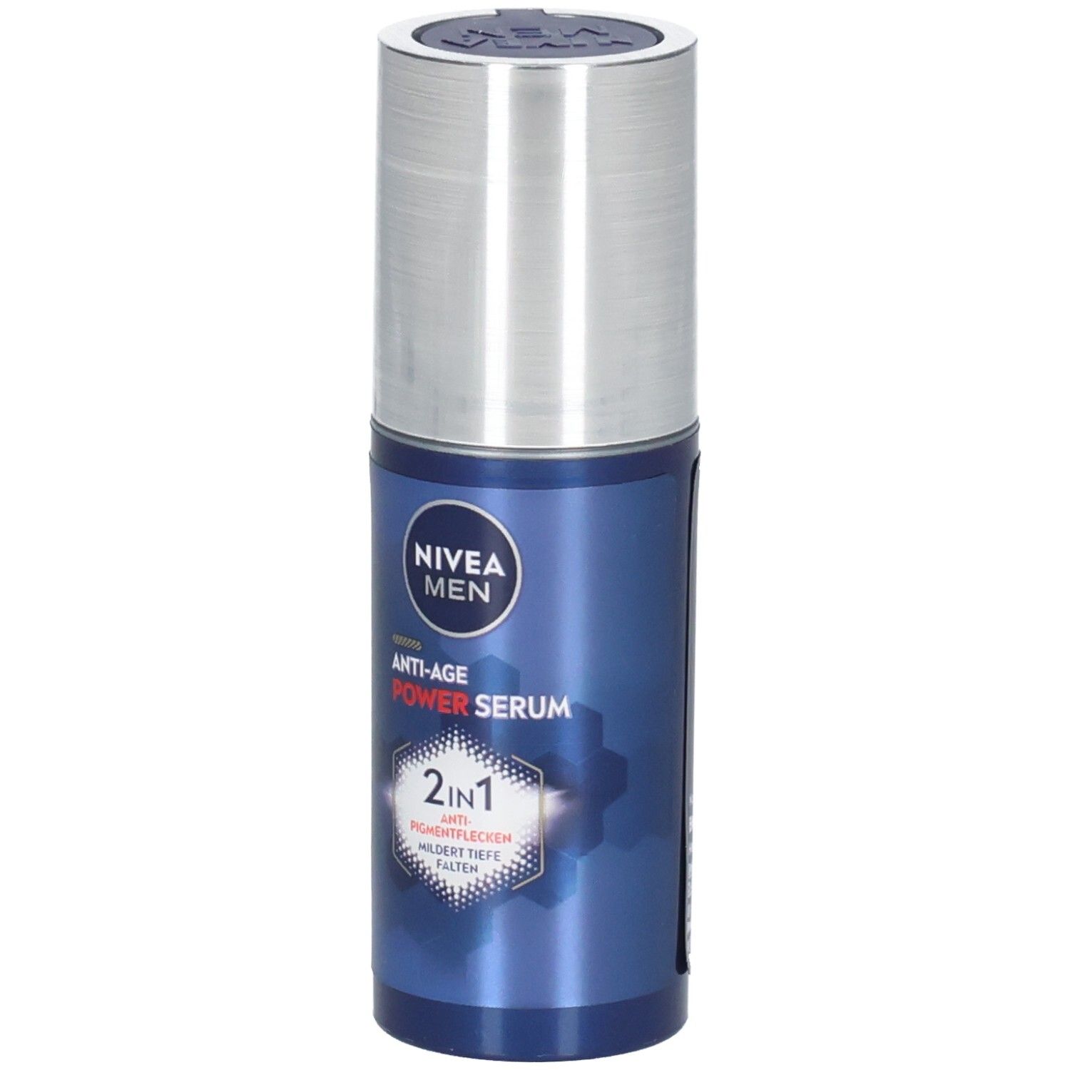 Blau-silberne Flasche NIVEA MEN Anti-Age Power Serum. 2in1-Formel, gegen Pigmentflecken und Falten. Silberner Deckel.