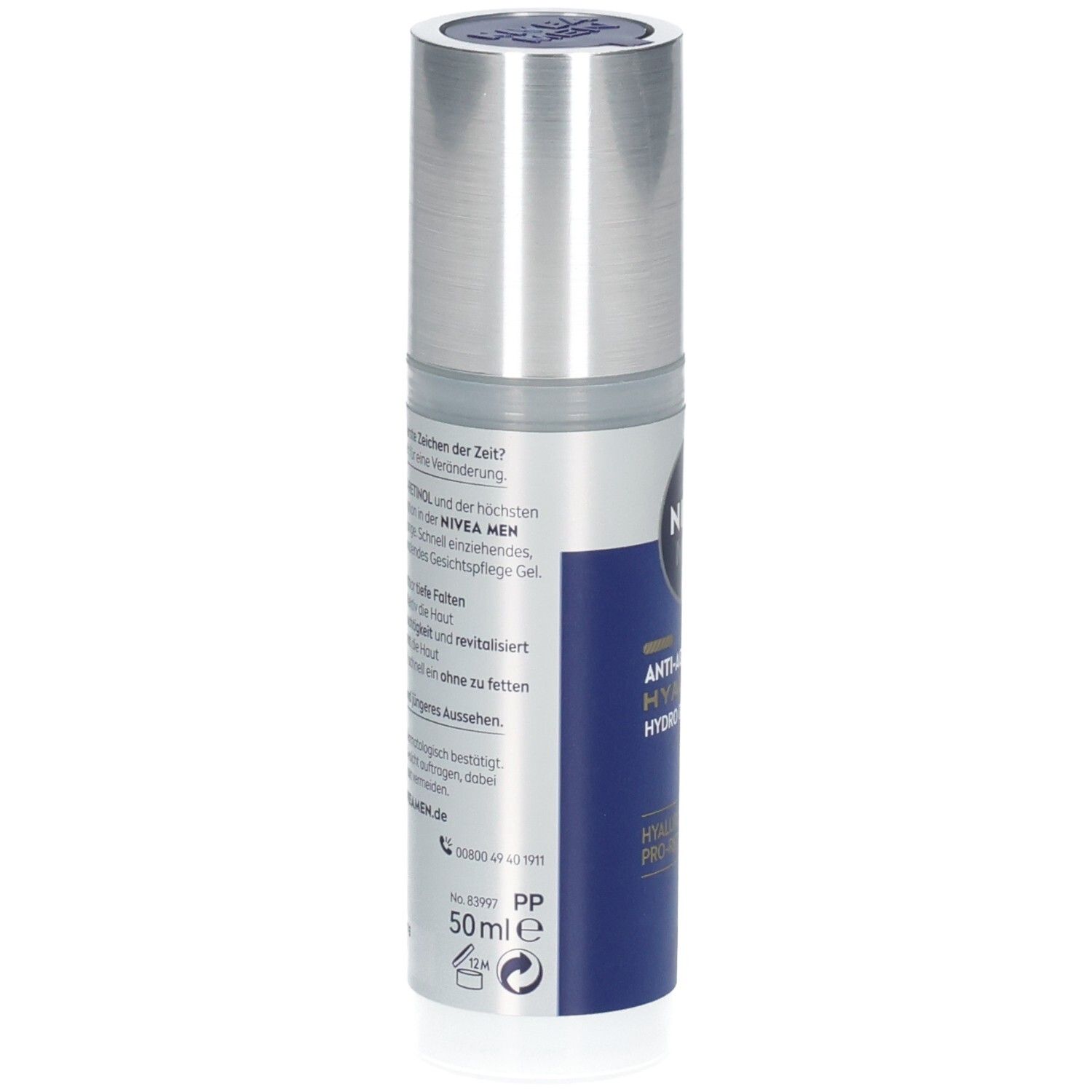 Rückseite der NIVEA MEN Anti-Age Hyaluron Hydro Gesichtsgel Flasche. Text in Deutsch, silberner Deckel.