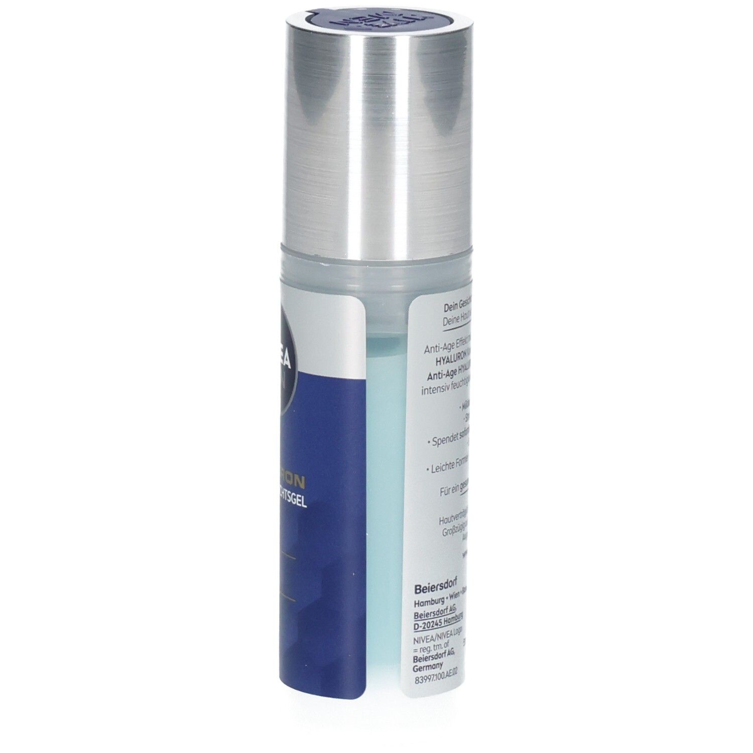 NIVEA MEN Anti-Age Hyaluron Hydro Gesichtsgel Flasche. Blaue und silberne Farbgebung, Text in Deutsch.