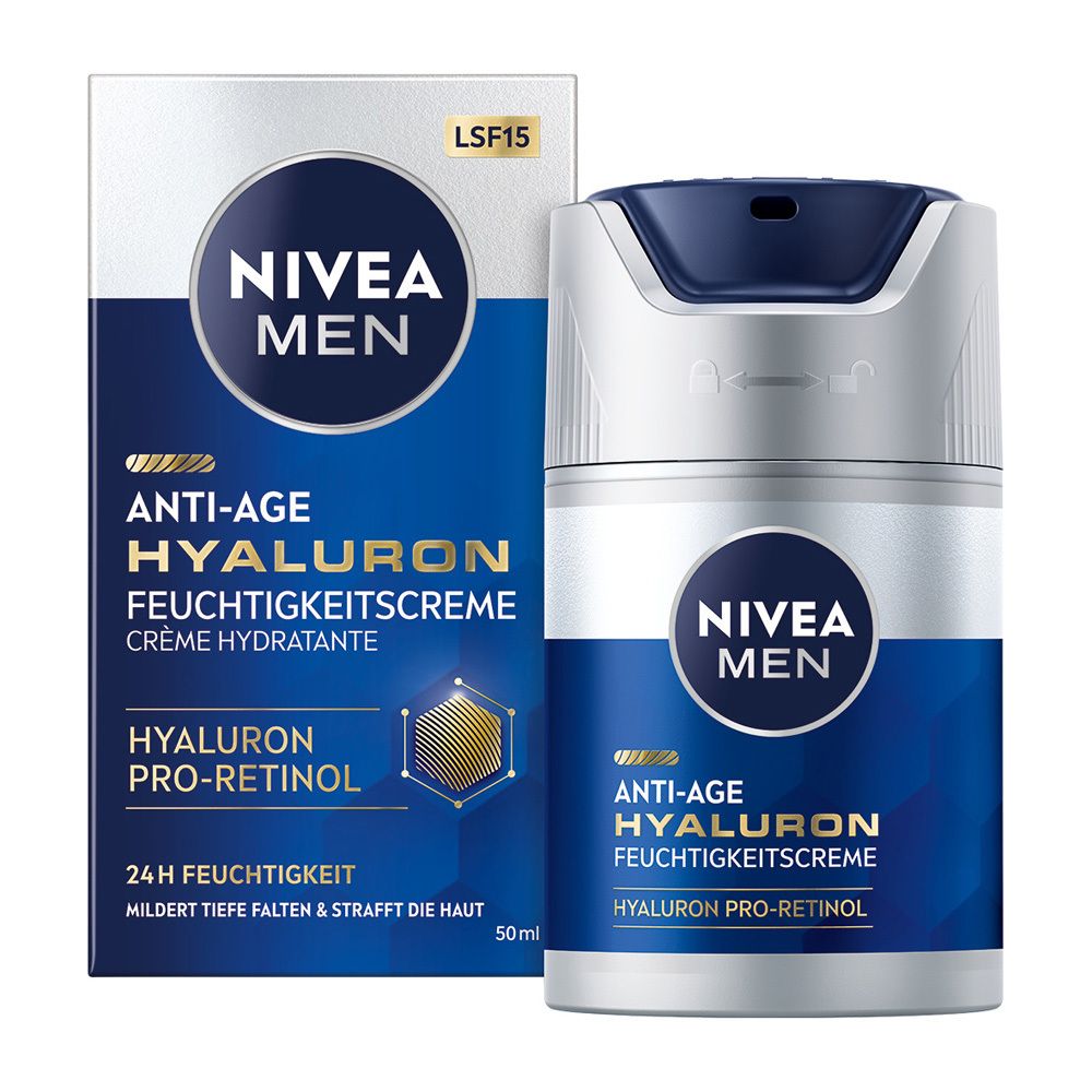 Creme-Dose und Schachtel. Dose: blau-silber, Aufschrift: NIVEA MEN, Anti-Age Hyaluron. Schachtel: blau, Aufschrift: LSF15, Anti-Age Hyaluron.