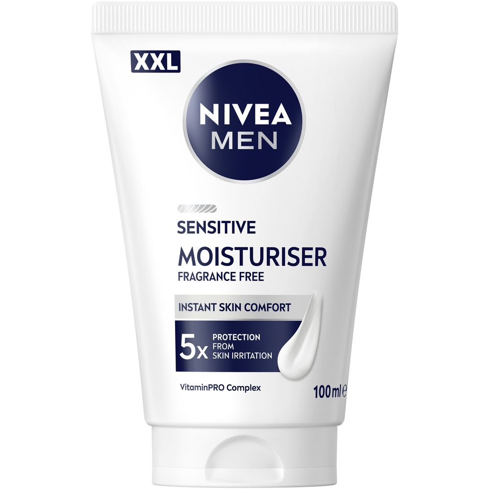 Weiße Tube NIVEA MEN Sensitive Moisturiser. XXL-Aufdruck. Blaue und weiße Beschriftung. 100ml.
